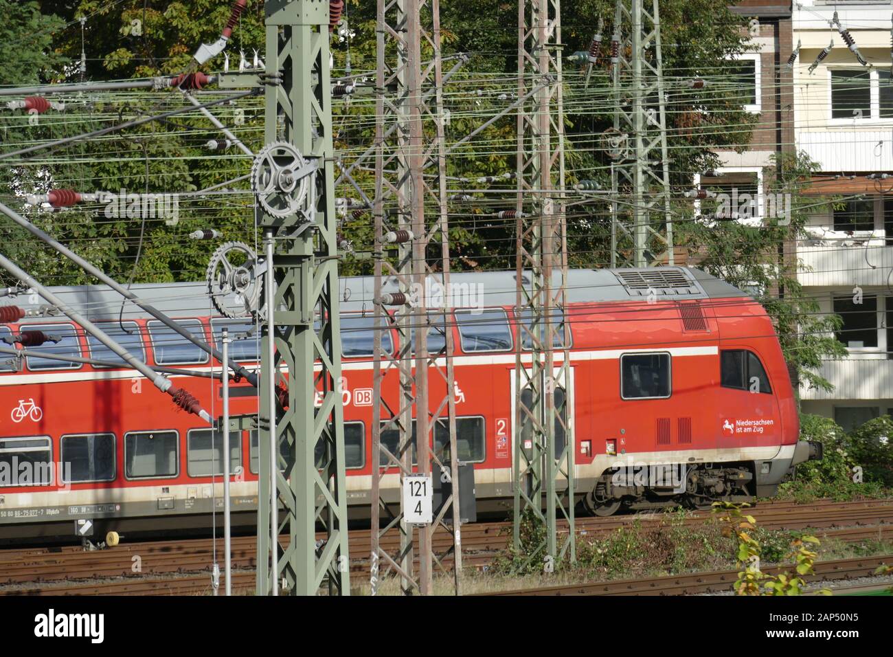 Red commuter trains, railway facilities, Bremen, Germany Stock Photo