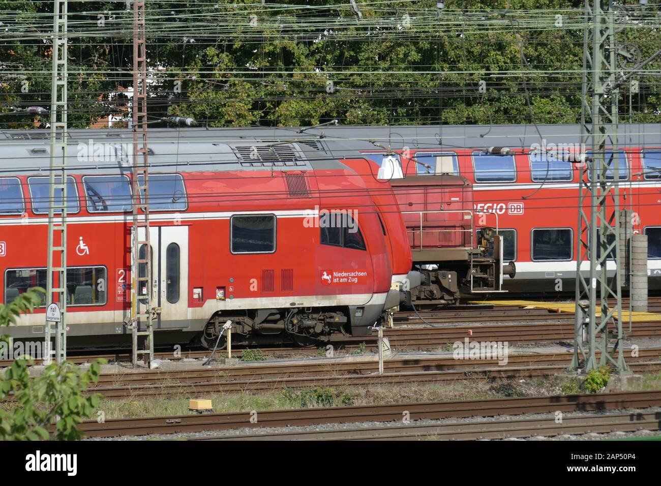 Red commuter trains, railway facilities, Bremen, Germany Stock Photo