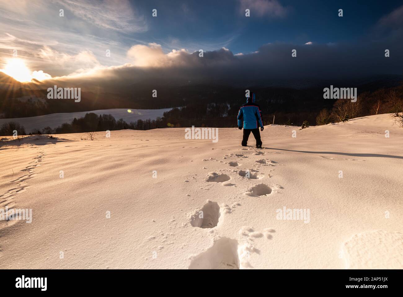Walk In Deep Snow Outdoor Adventure. Active Man Walking in Deep Snow in Mountains at ...