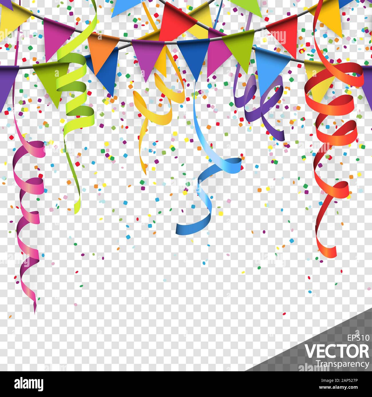 illustration of colored confetti, garlands and streamers background for