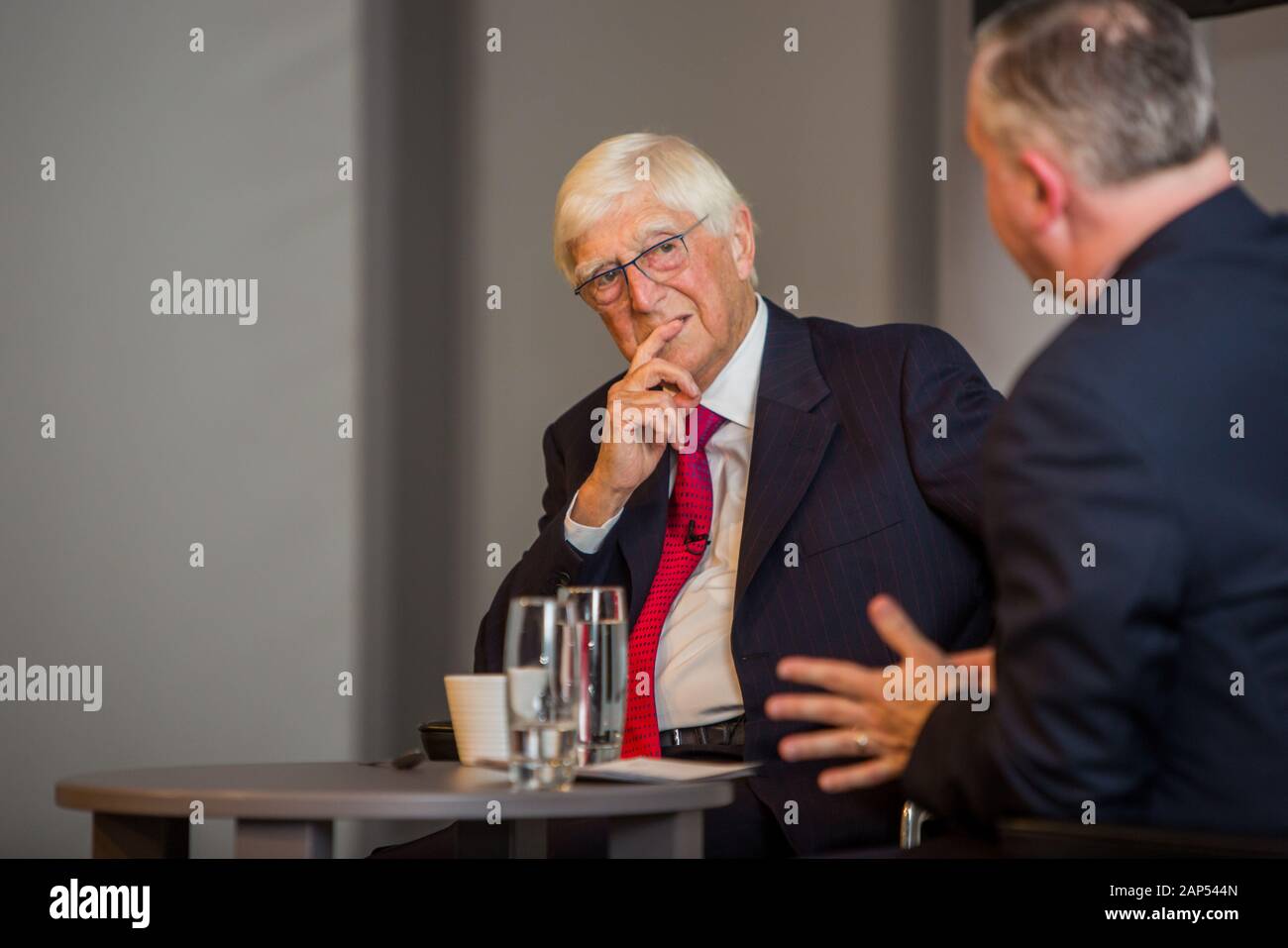 Interview with Sir Michael Parkinson CBE, the English broadcaster, journalist, author and Television talk show host. He also was a radio presenter Stock Photo