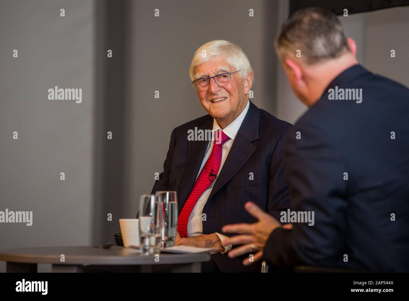 Interview with Sir Michael Parkinson CBE, the English broadcaster, journalist, author and Television talk show host. He also was a radio presenter Stock Photo