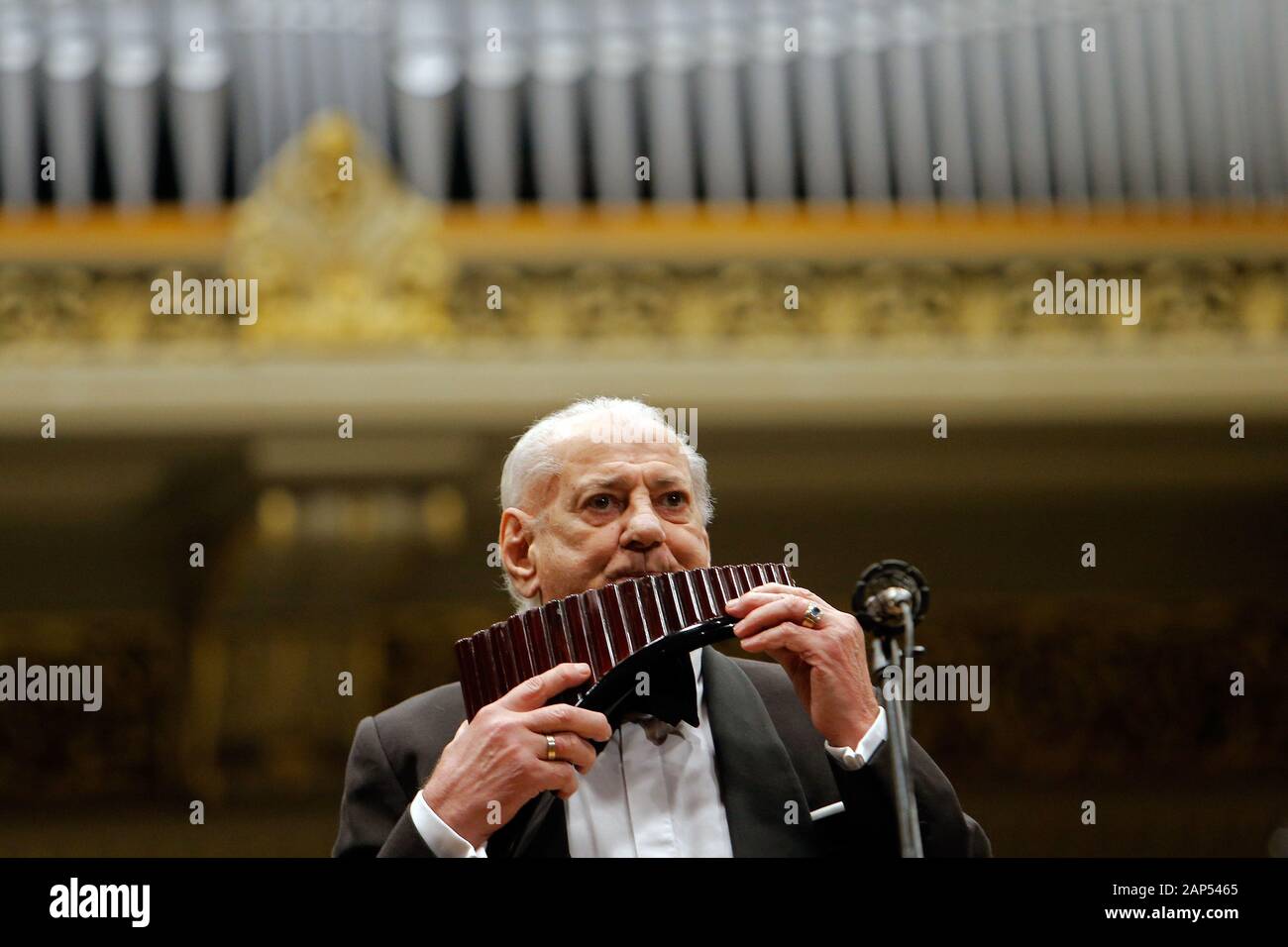 Bucharest, Romania. 20th Jan, 2020. Romanian pan flute player Gheorghe  Zamfir performs with China Philharmonic Orchestra during a concert hosted  by the Romanian Athenaeum in Bucharest, capital of Romania, Jan. 20, 2020.