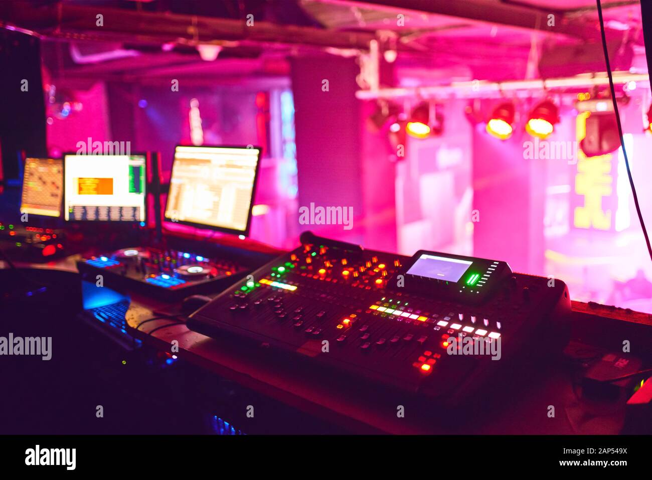 DJ work at a nightclub, Music club party, Concert equipment, a mixer and DJ console. The concept of disco, entertainment, holiday. Soft focus picture Stock Photo