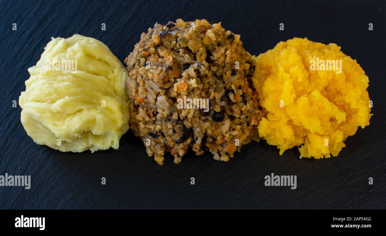 Vegetarian Haggis with Neeps and Tatties, a meat free alternative for a Burns Supper Stock Photo