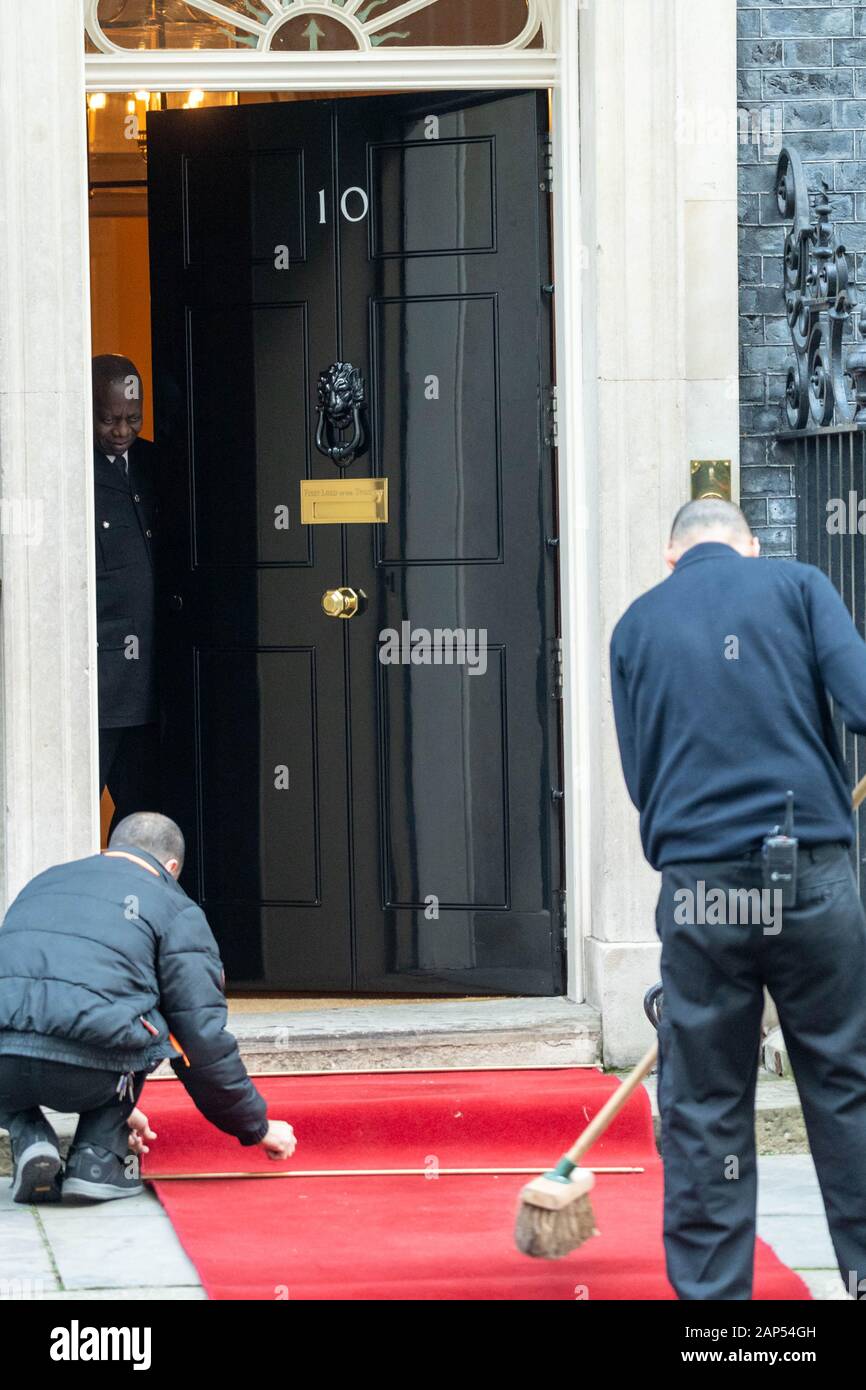 London, UK. 21st Jan, 2020. The red carpet is rolled out for visiting heads of state at 10 Downing Street, London Credit: Ian Davidson/Alamy Live News Stock Photo