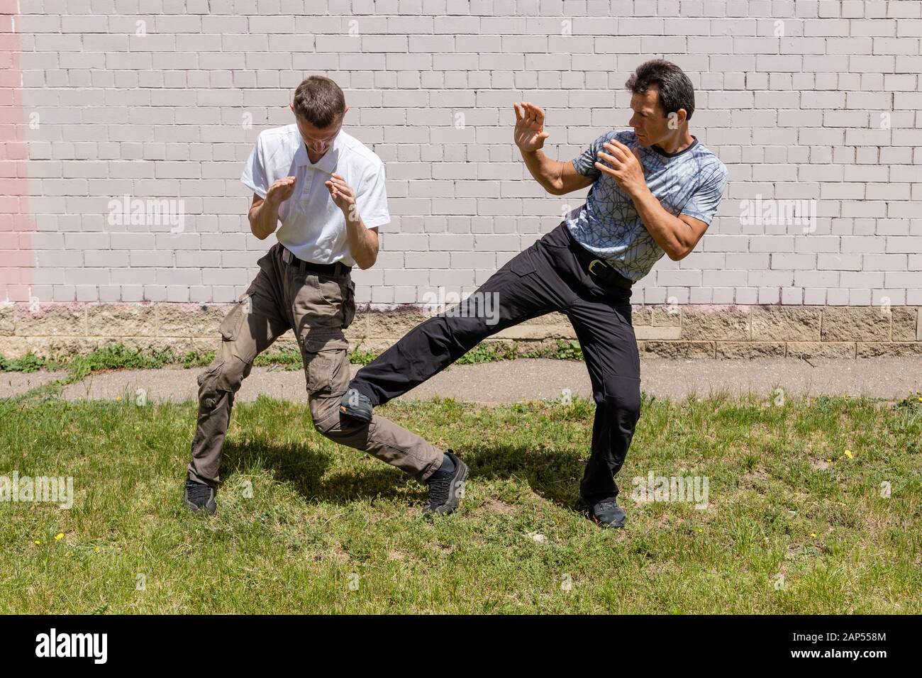 Defender Inflicts A Kick Under The Knee To The Attacker Self Defense Techniques Krav Maga Stock Photo Alamy