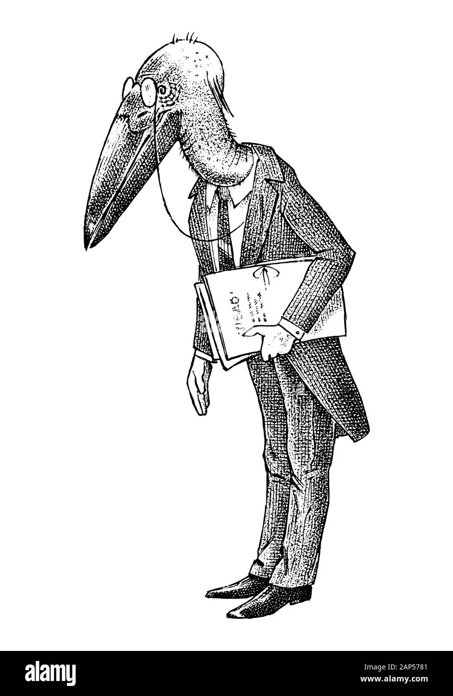 Bird man with a marabou head. Lawyer in a classic office suit with documents. Hand drawn fashionable stork. Engraved old monochrome sketch. Stock Vector