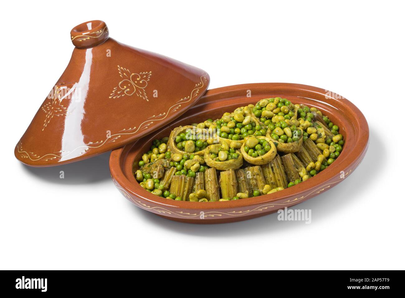 Traditional Moroccan oval tajine with Cardoon, stuffed artichoke hearts
