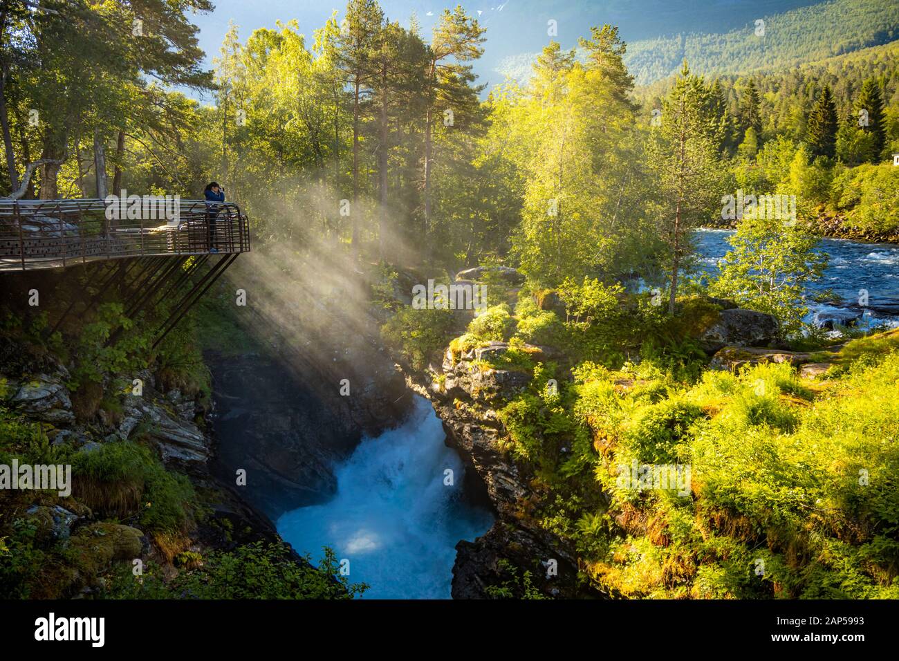 Beautiful Nature Norway. Gudbrandsjuvet is a 5 metre narrow and 20–25 metre high ravine through which the Valldøla River forces itself. Stock Photo