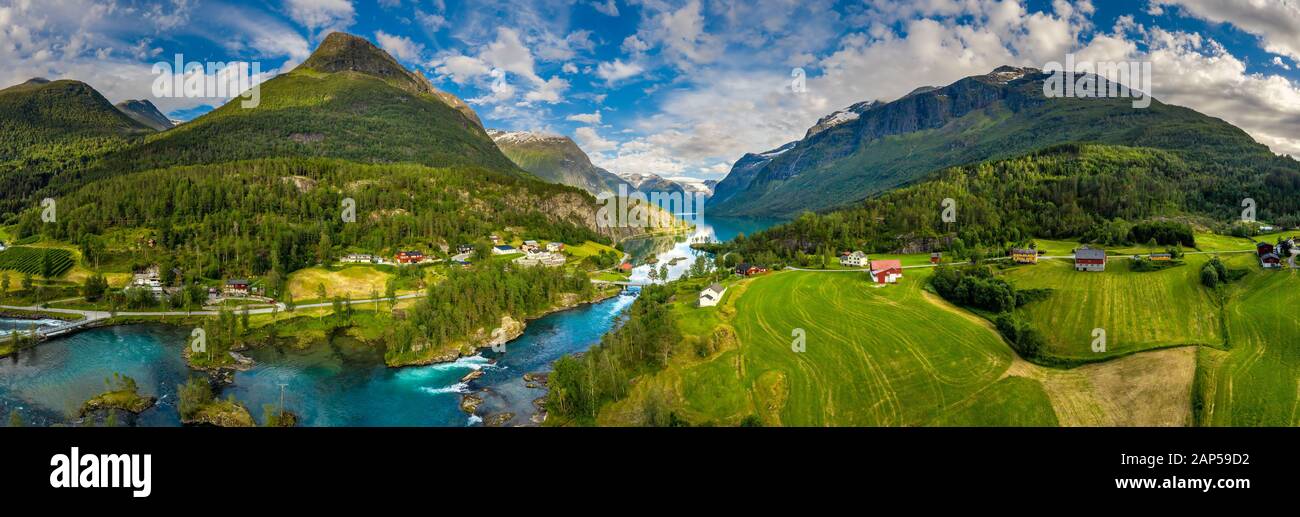 Panorama Beautiful Nature Norway natural landscape. lovatnet lake Lodal valley. Stock Photo