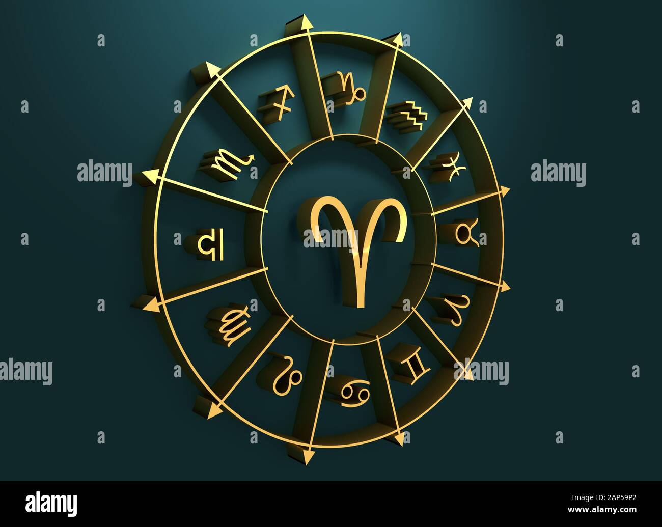 Ram astrology sign. Golden astrological symbol in the circle of others sings. 3D rendering Stock Photo