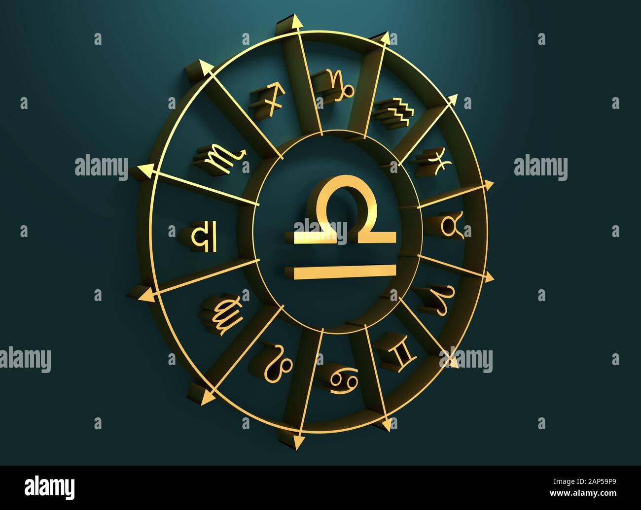Scales astrology sign. Golden astrological symbol. 3D rendering Stock