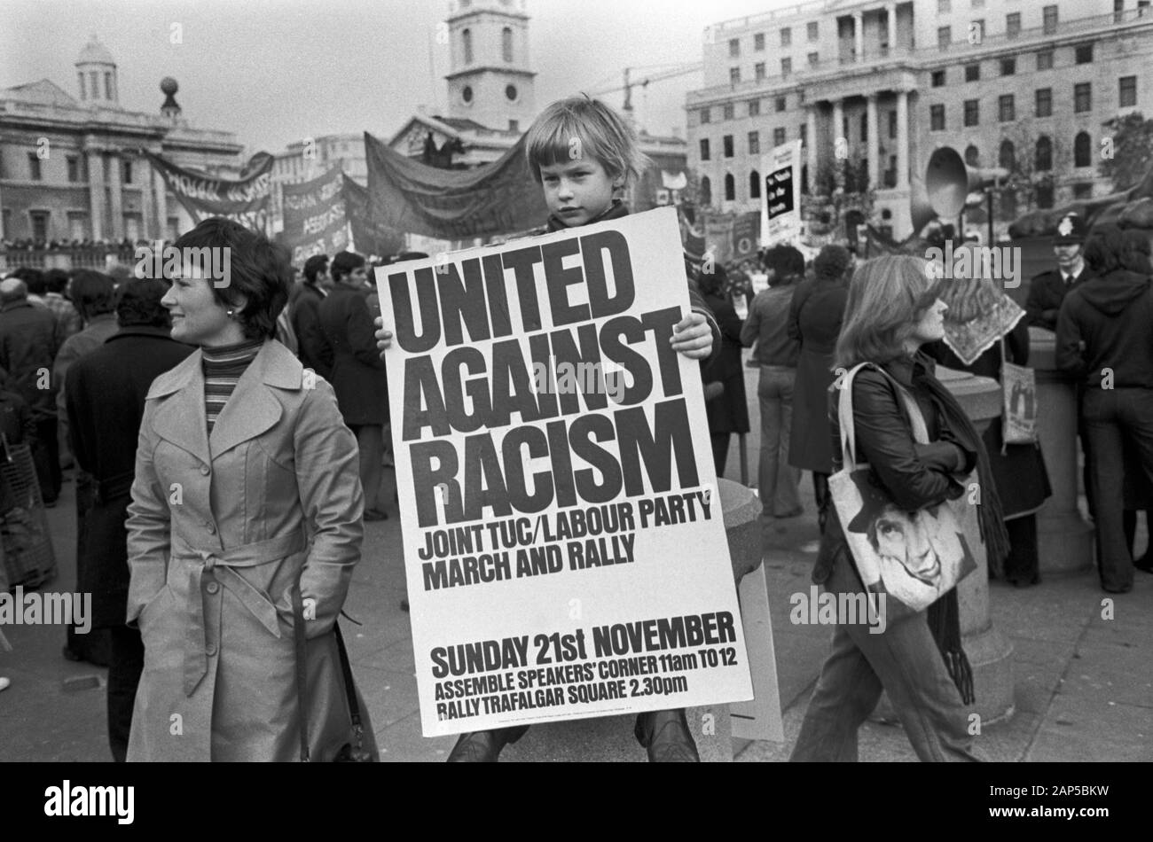 Racism 1970s London UK. United Against Racialism Labour Party and TUC rally and march Trafalgar Square 1976 England. HOMER SYKES Stock Photo