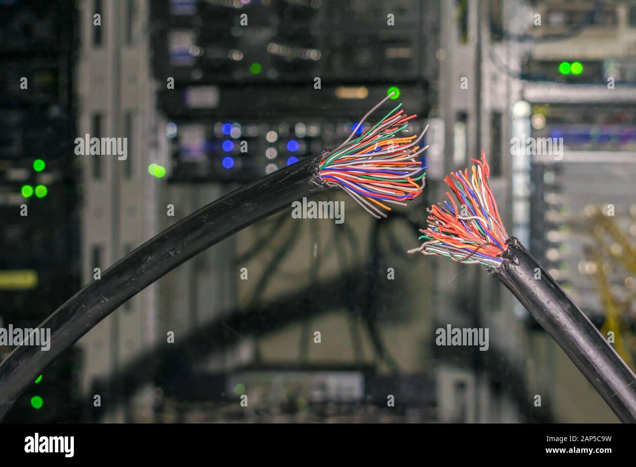 There is a damaged telephone cable in the server room of the