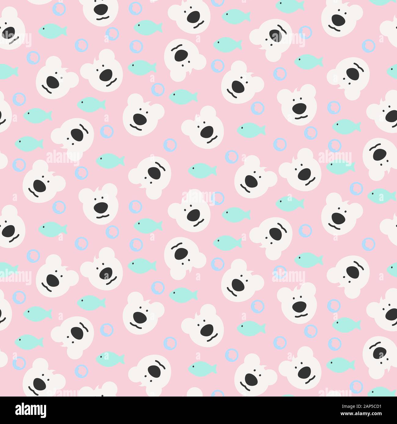 Seamless polar bear face and fish pattern. Cute cartoon repeat background vector illustration. Stock Vector