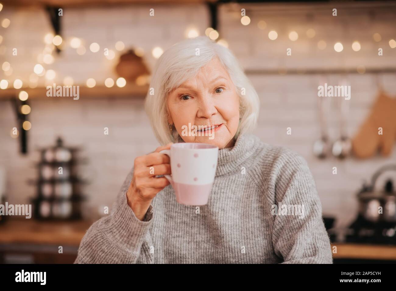 Beautiful elderly woman in grey sweater having morning tea Stock Photo