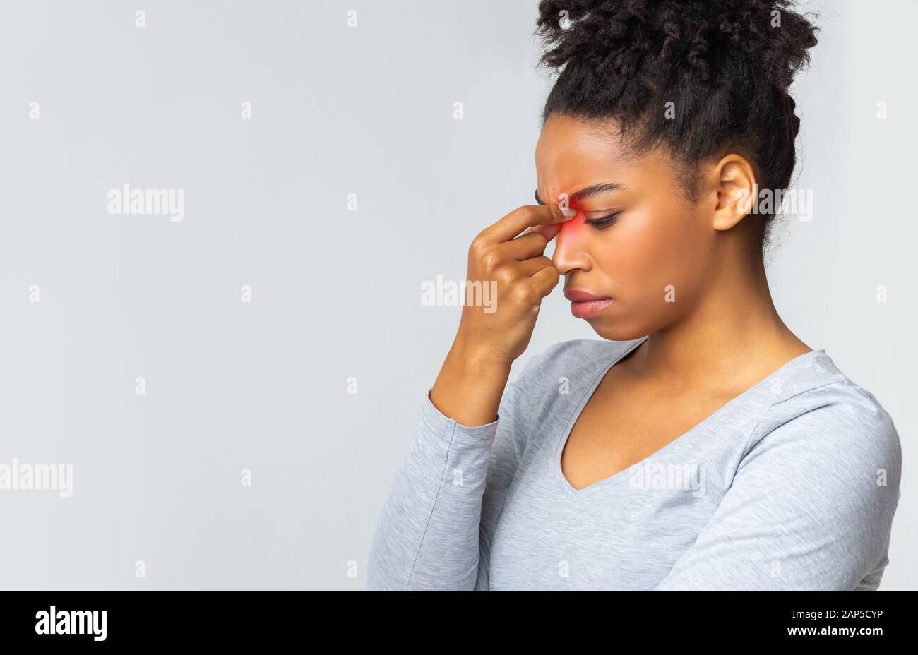 Sad Young Woman Touching Her Nose Bridge Stock Photo 340639370