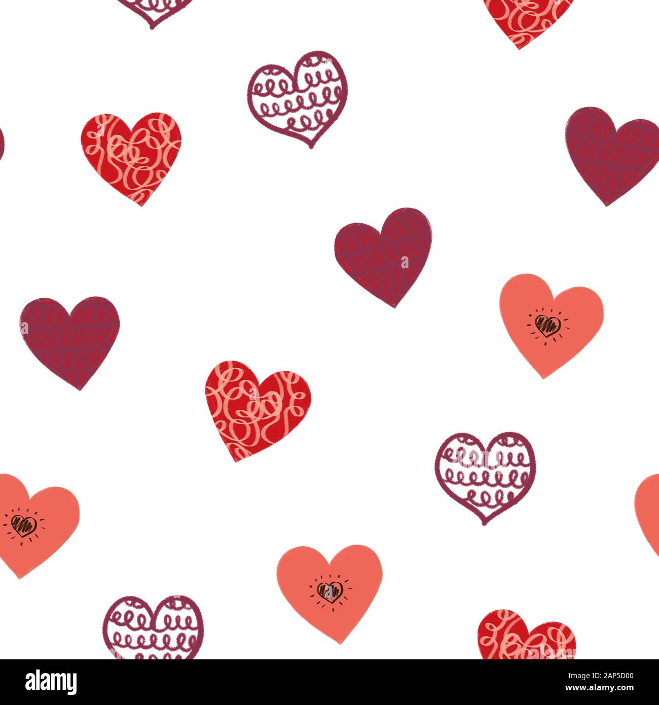 Doodle hearts seamless pattern. Hand drawn cute heart shapes repeating