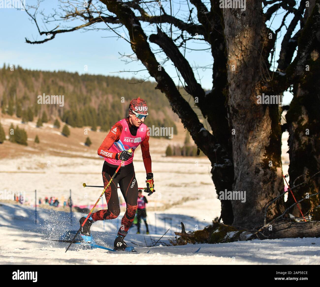 Le Chenit, Switzerland. 21st Jan, 2020. Antonin Savary of Switzerland competes during the men's 10km classic of cross-country skiing event at the 3rd Youth Winter Olympic Games, at Vallee De Joux Cross-Country Centre, Switzerland, on Jan. 21, 2020. Credit: Wu Huiwo/Xinhua/Alamy Live News Stock Photo