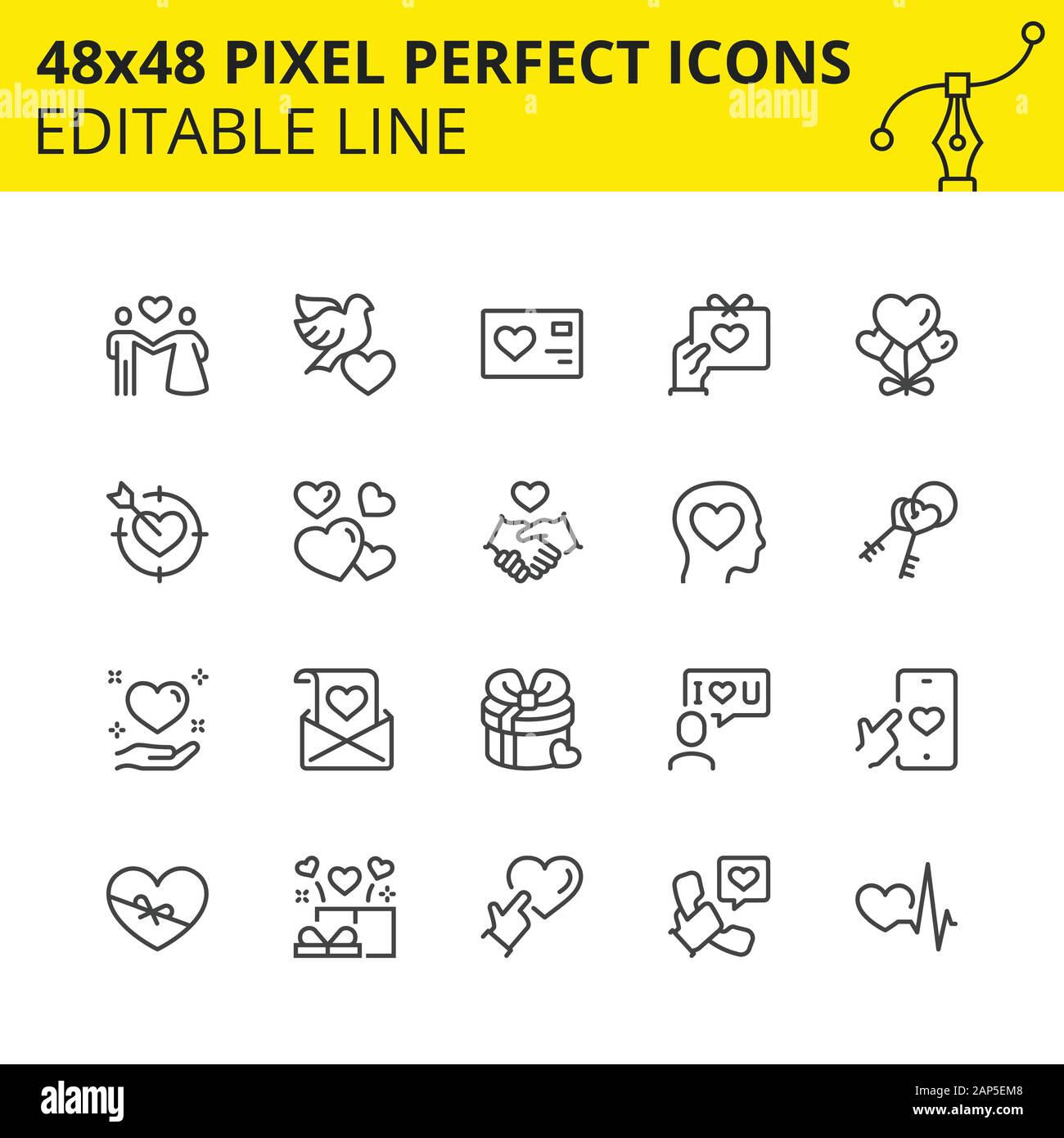 Scaled Icons - Valentine’s Day and Love. Includes Dove, Valentine's card, Ribbon, Heart etc. Pixel Perfect 48x48, Editable Set. Vector. Stock Vector