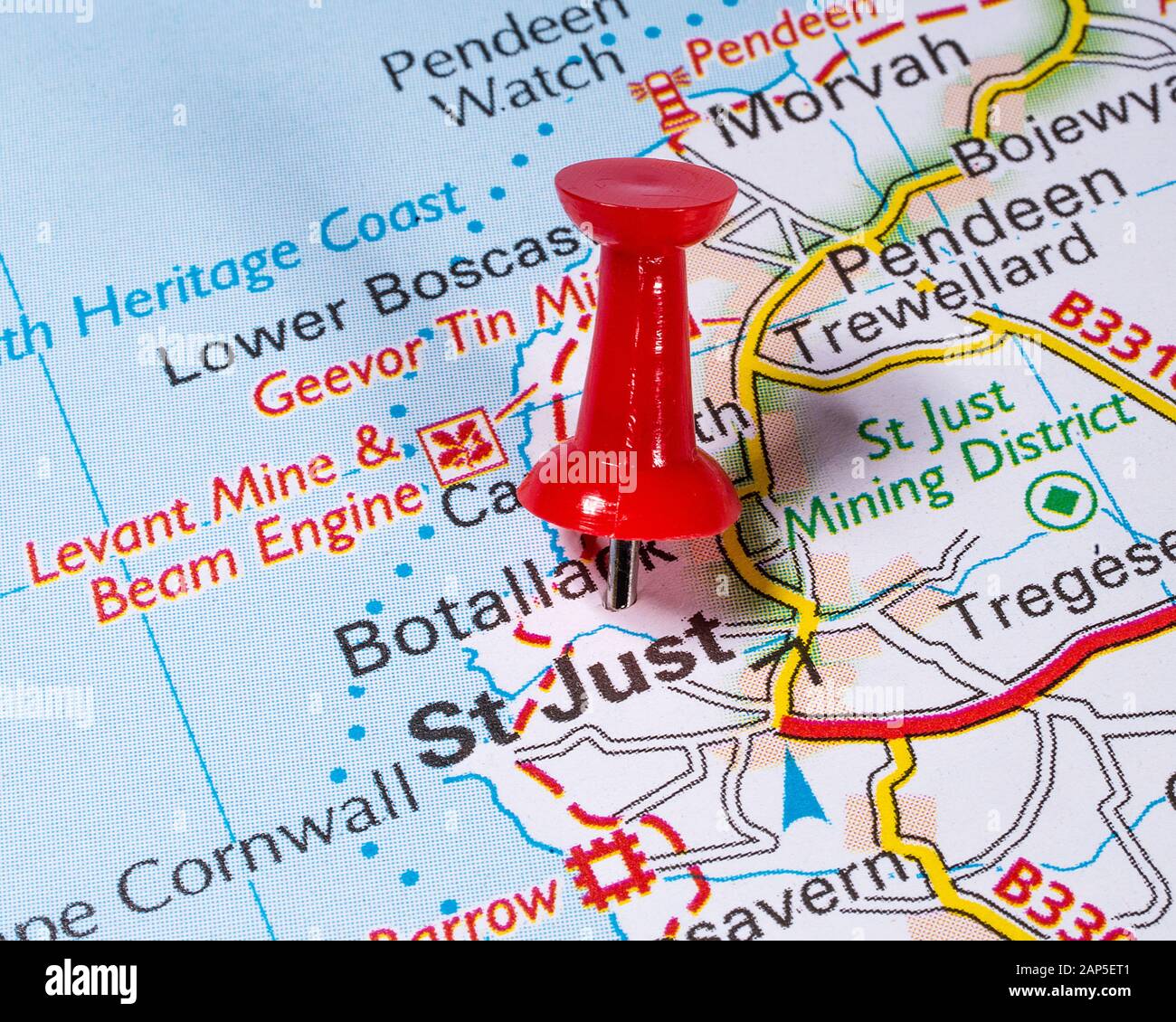 Close-up of a map pin marking the location of St. Just in Penwith ...