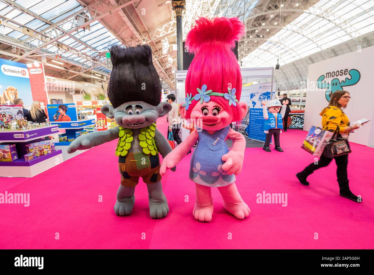 London, UK. 21st Jan 2020. Poppy and Branch from a new series, The Trolls -  The Toy fair opens at London's Olympia exhibition centre, organised by the  British Toy & Hobby Association.