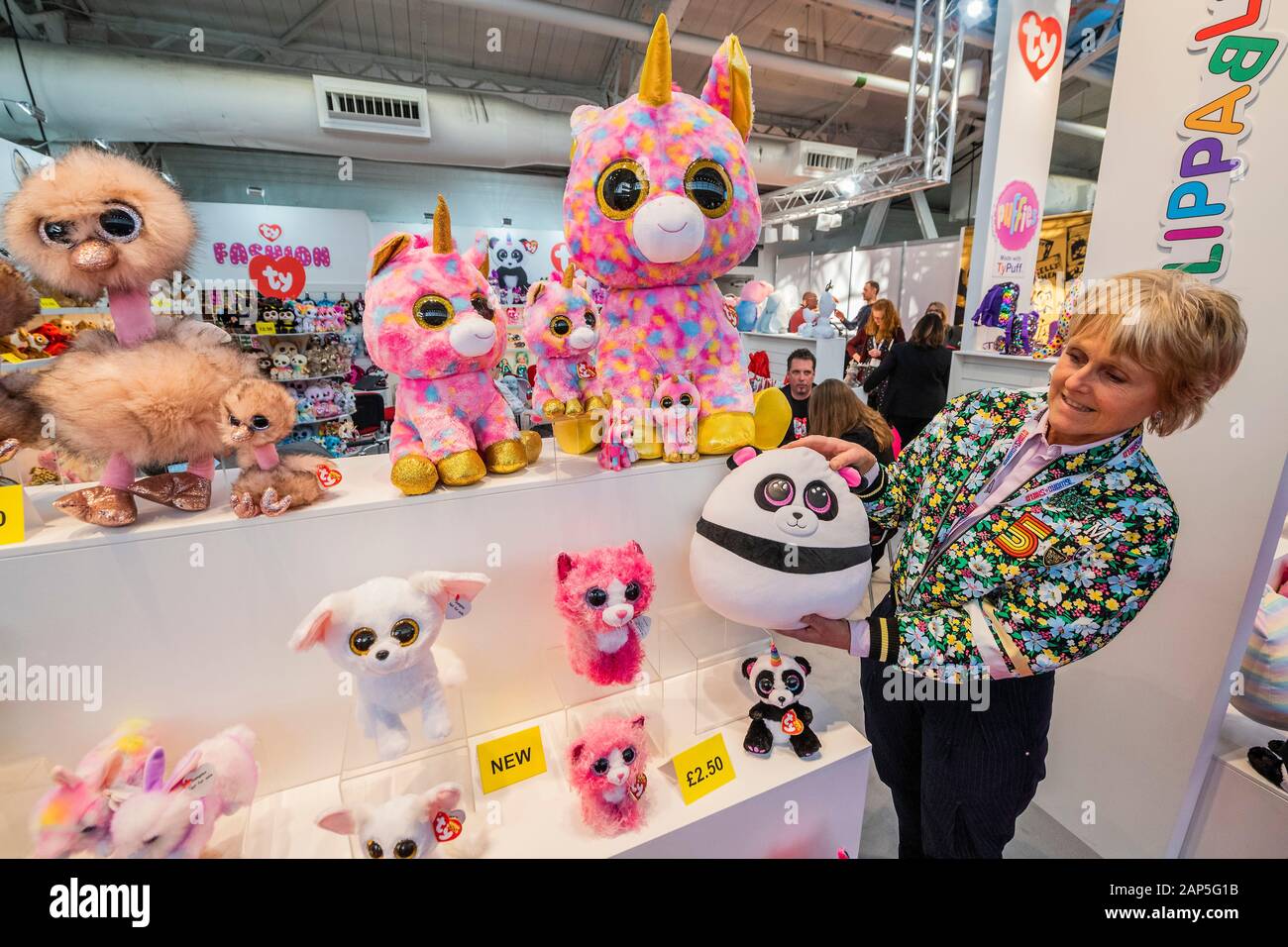 London, UK. 21st Jan 2020. Beanie Boos from Ty toys - The Toy fair opens at London's Olympia exhibition centre, organised by the British Toy & Hobby Association. Credit: Guy Bell/Alamy Live News Stock Photo