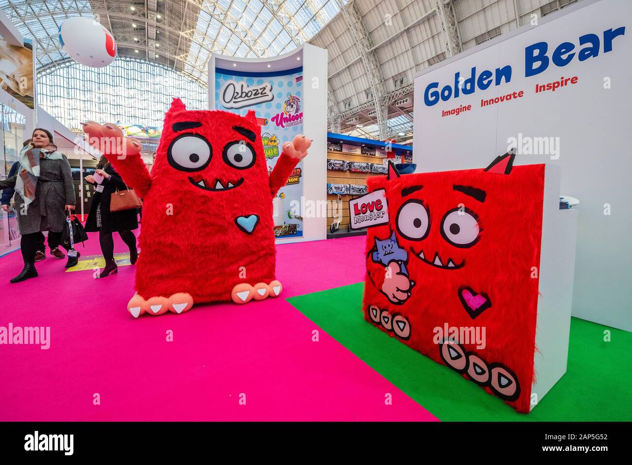 London, UK. 21st Jan 2020. The Love Monster on teh Golden Bear stand The Toy fair opens at