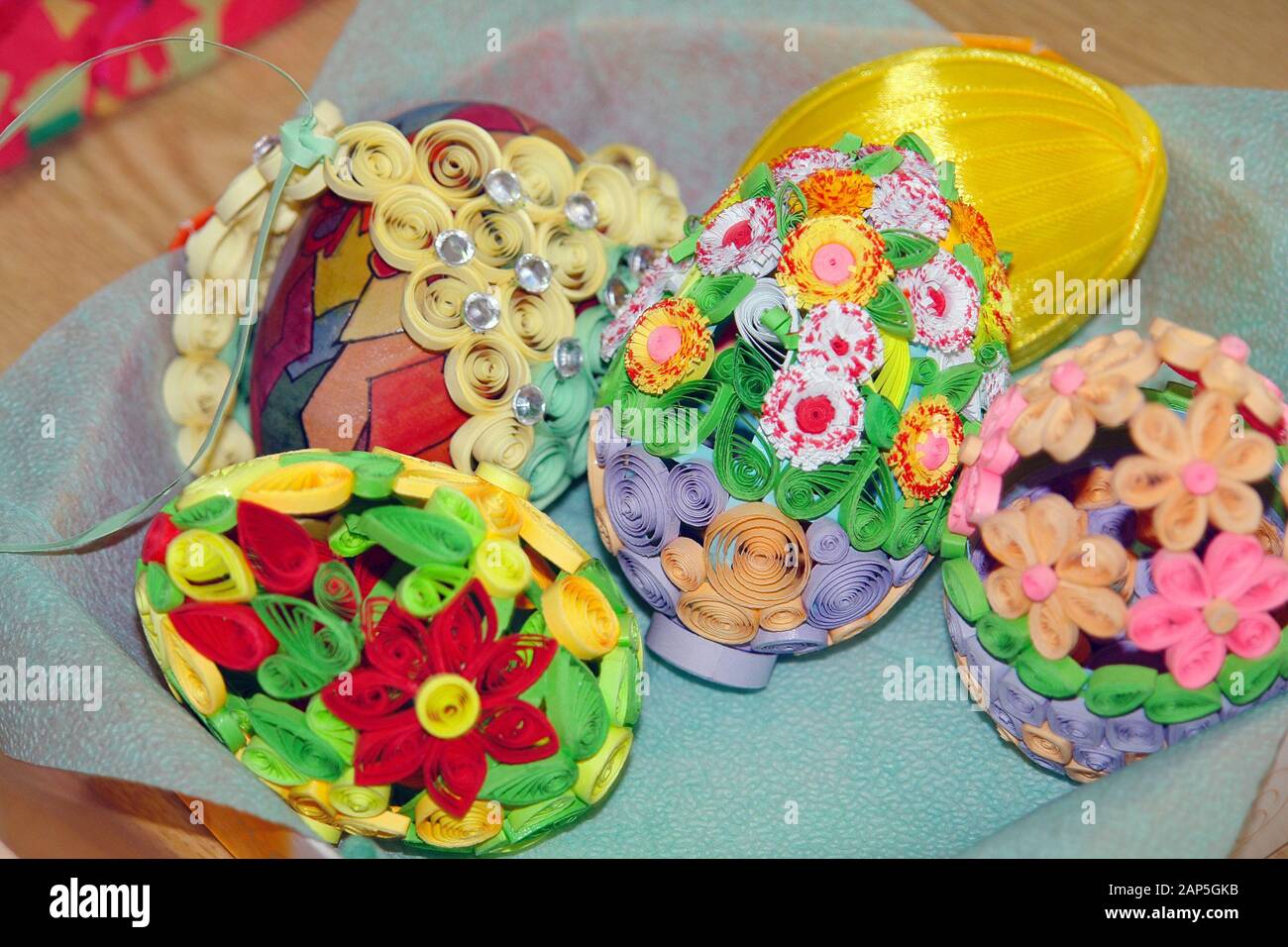 Beautiful Multicolored Easter eggs decorated by hand Stock Photo