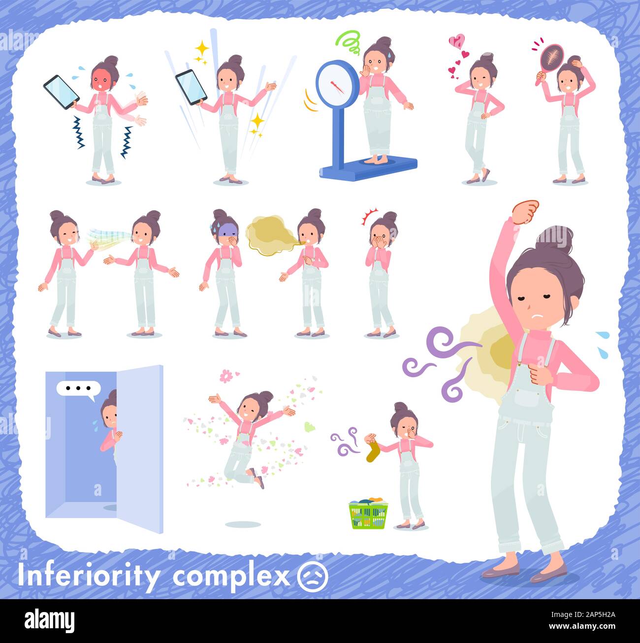 A set of women on inferiority complex.There are actions suffering from smell and appearance.It's vector art so it's easy to edit. Stock Vector
