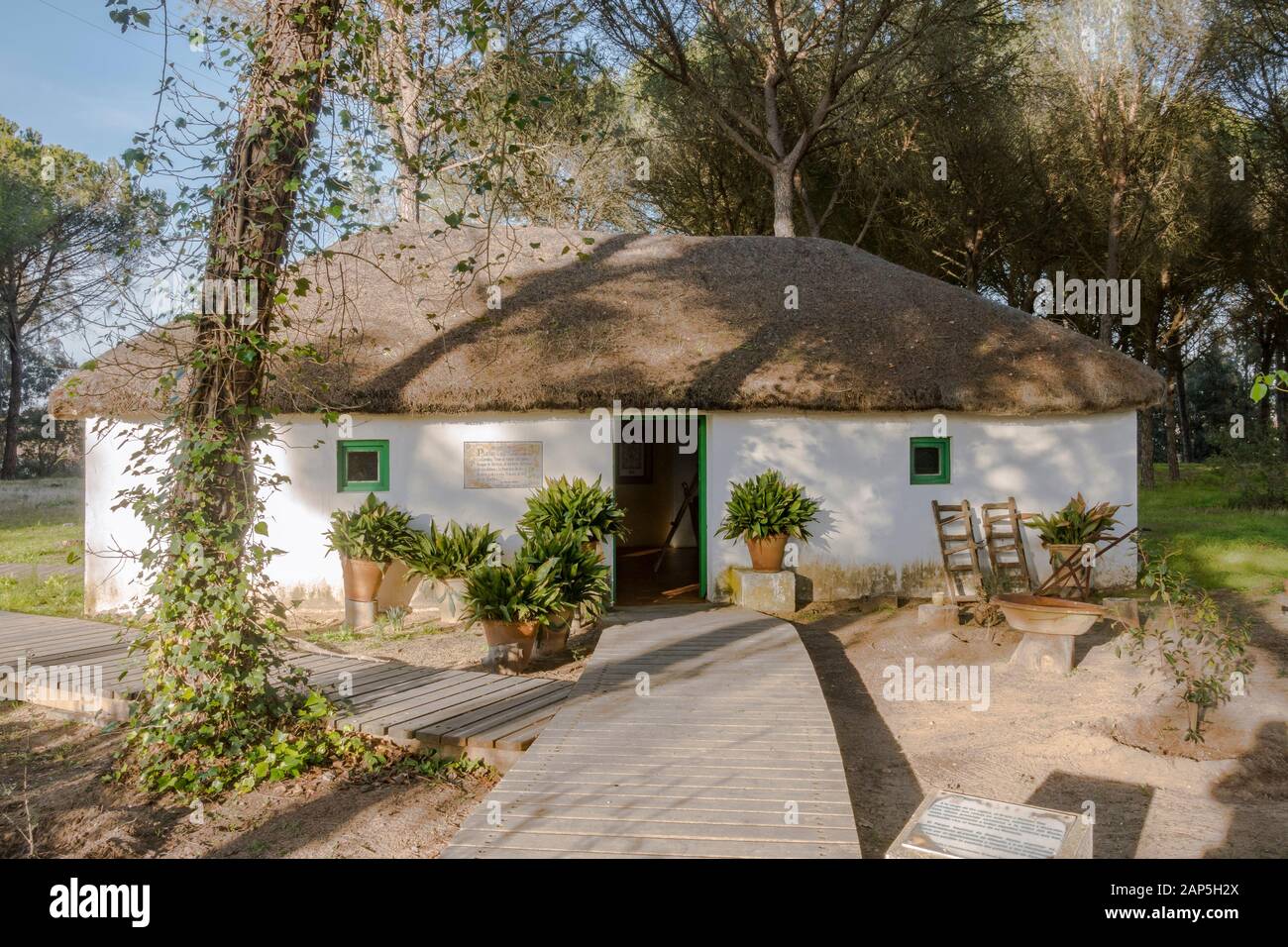 Typical housing (choza) homes next to marshland in National Park Doñana ...