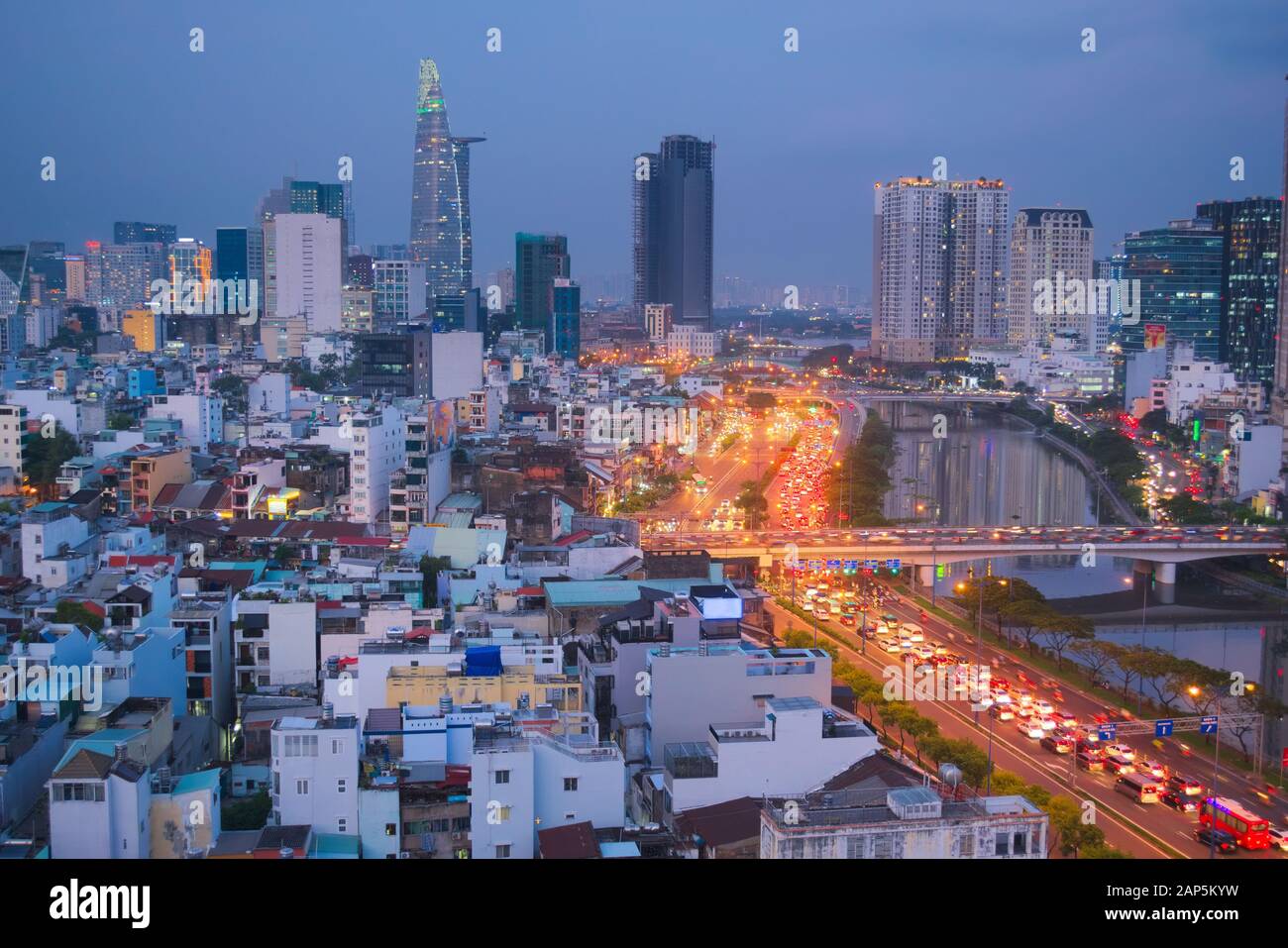 Apartment buildings, modern skyscrapers and broad avenue in Saigon
