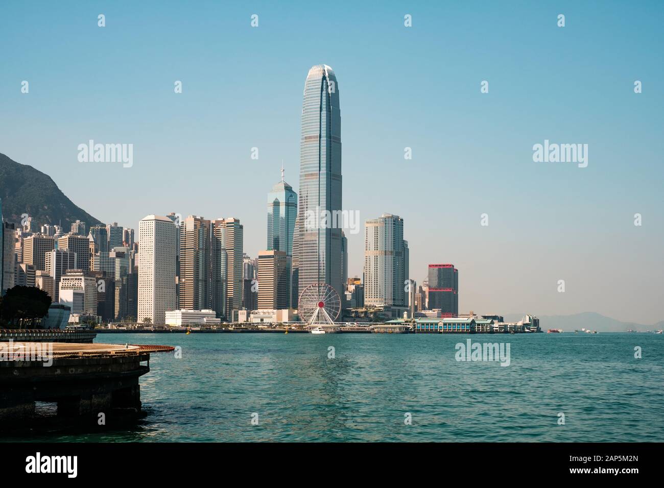 Central pier, victoria harbour and skyline of HongKong Island Stock Photo