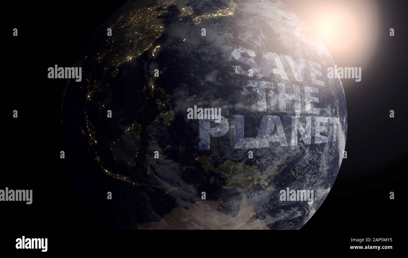 Save The Planet concept with a realistic Earth and 3D text Stock Photo