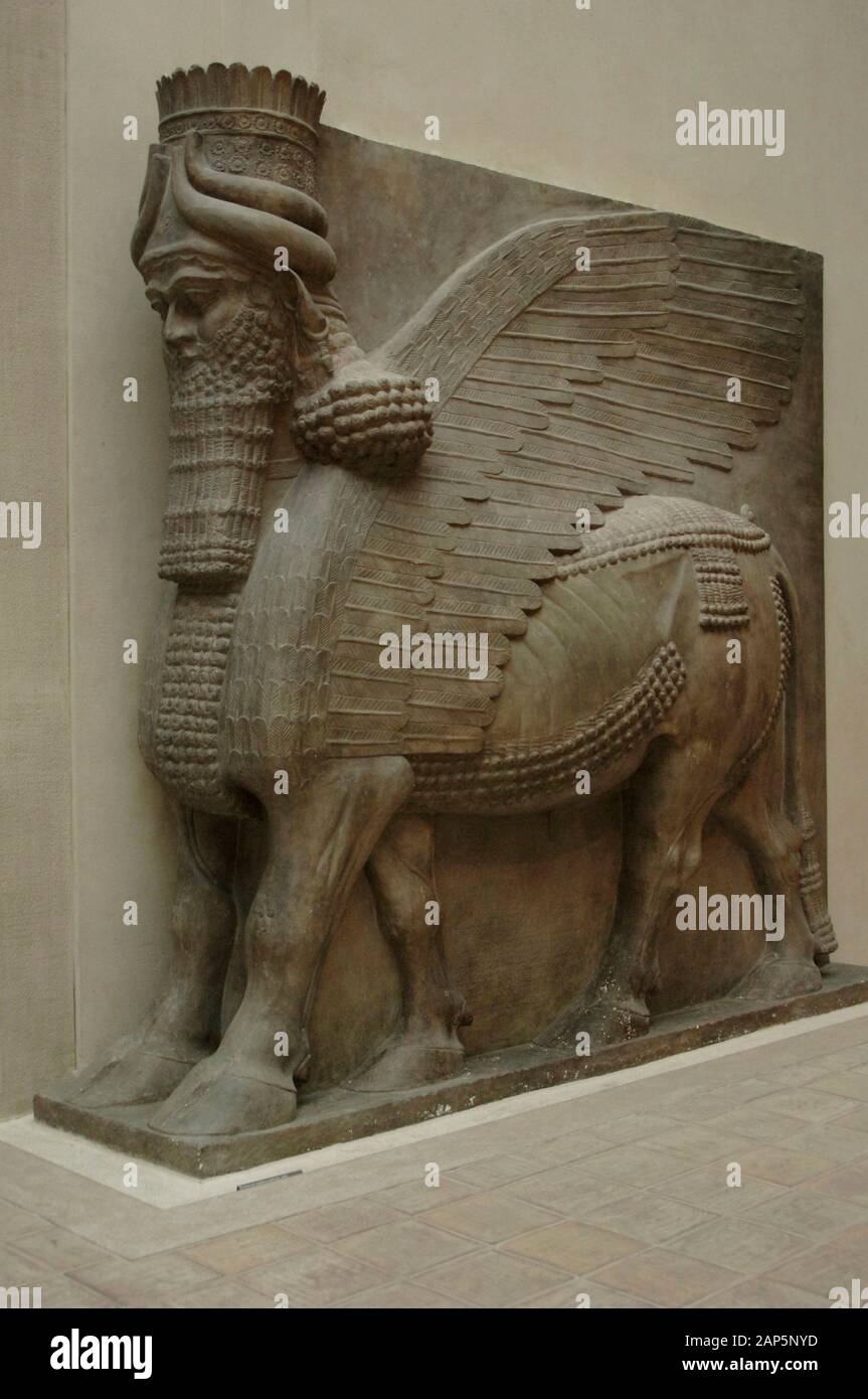 Winged human headed-bull. Neo Assyrian Palace of Sargon II, 721-705 BC. Khorsabad, ancient Dur Sharrukin (at present Iraq). Museum of Louvre. Paris, France. Stock Photo