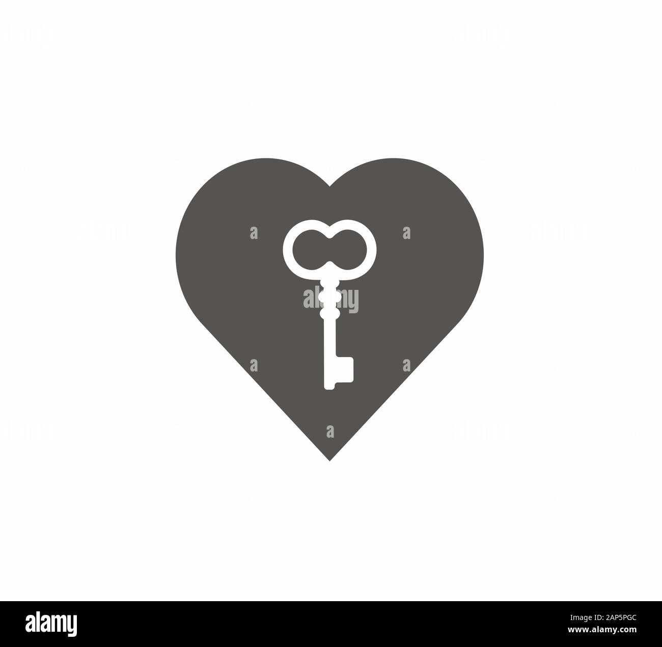 Design flat gray vector icons - heart and key isolated. Beautiful layout of the heart and vintage key idea logo Stock Vector