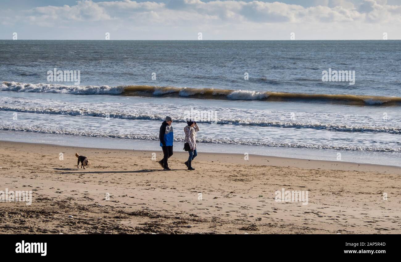 Bournemouth Beach with Dog Walkers in Winter Stock Photo