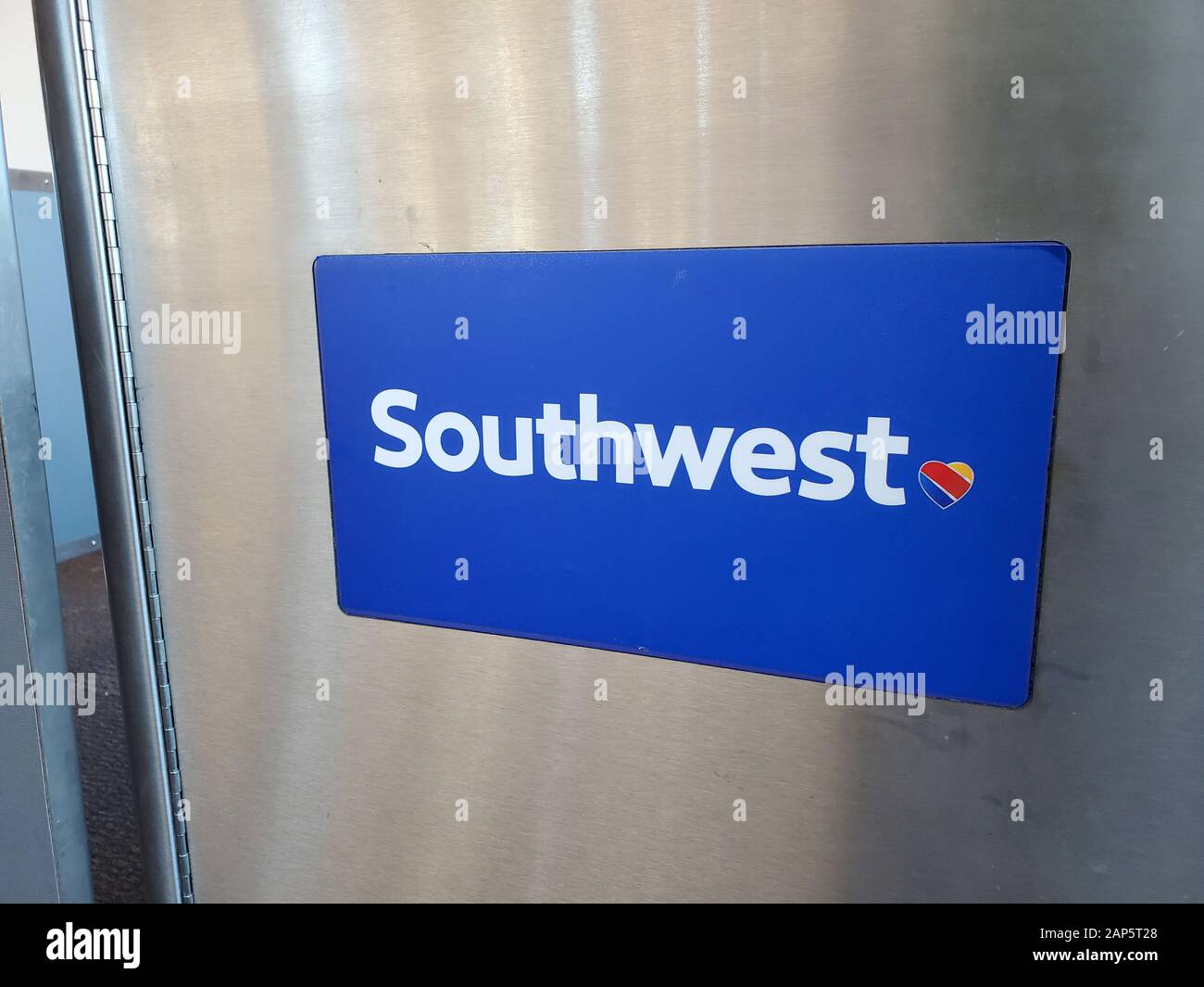 Close-up of logo for Southwest Airlines at Oakland International Airport (OAK), Oakland, California, January 5, 2020. () Stock Photo