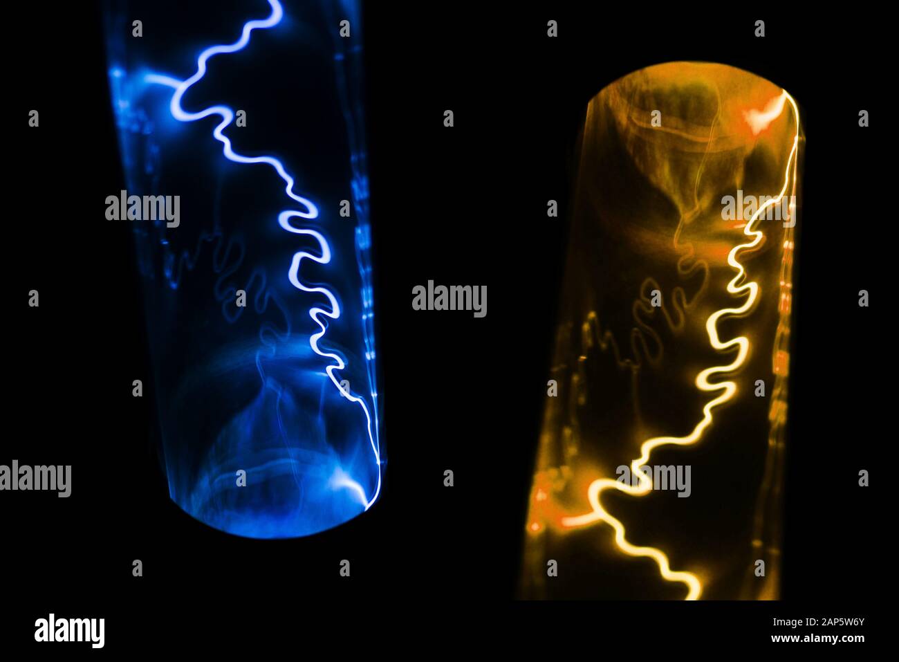 Phantom blue lightning and lush color lava on a black background. Magic light effect from electric discharge Stock Photo