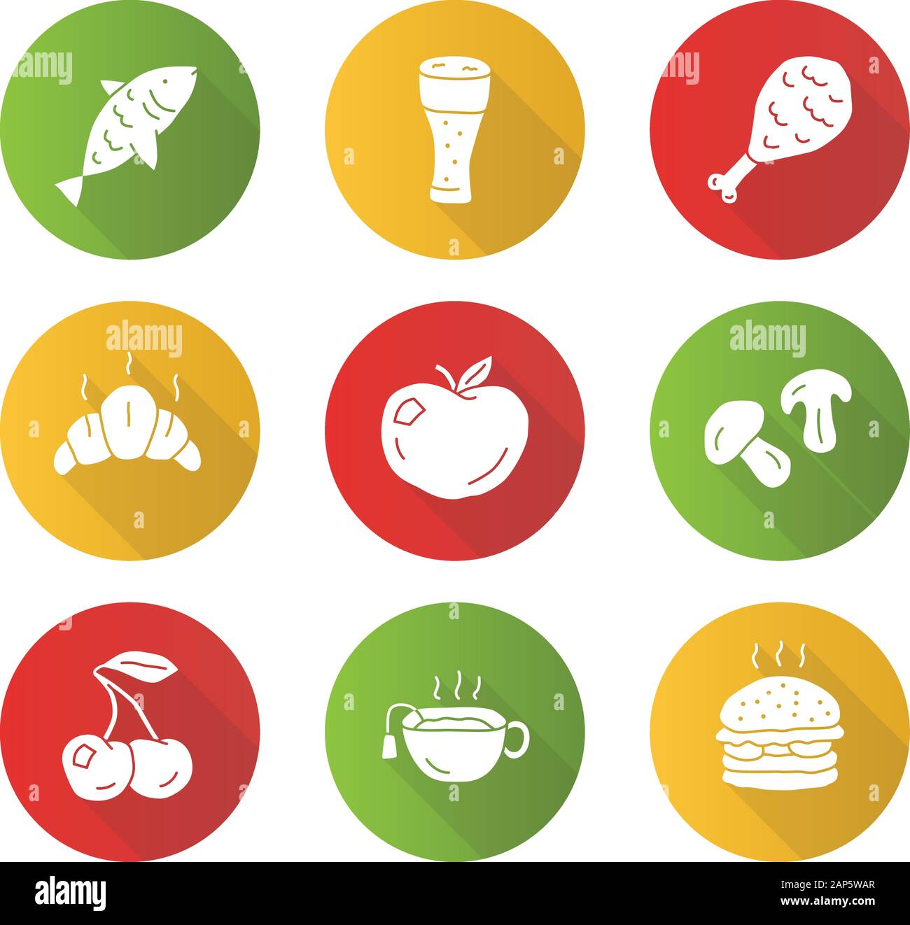 Food and drinks flat design long shadow glyph icons set. Burger ...
