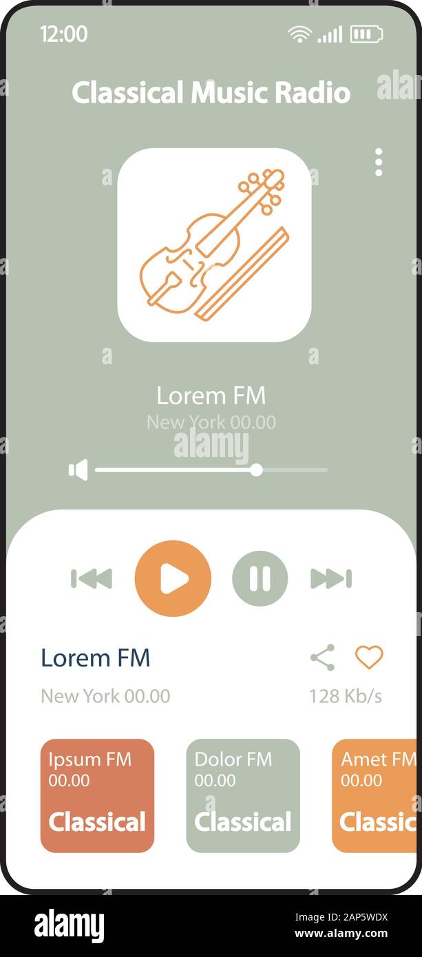 Classical FM music radio smartphone interface vector template. Mobile online  music app page design layout. Acoustic tracks albums listening screen. Fl  Stock Vector Image & Art - Alamy