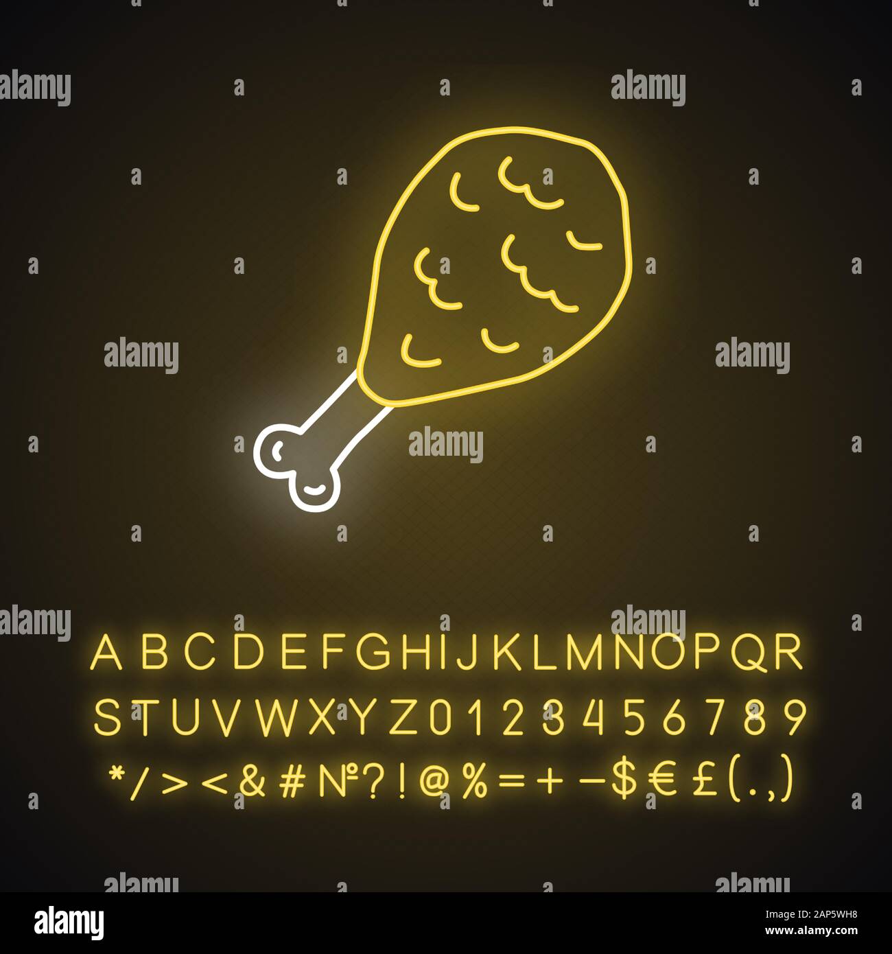 Fried chicken leg neon light icon. Glowing sign with alphabet, numbers ...
