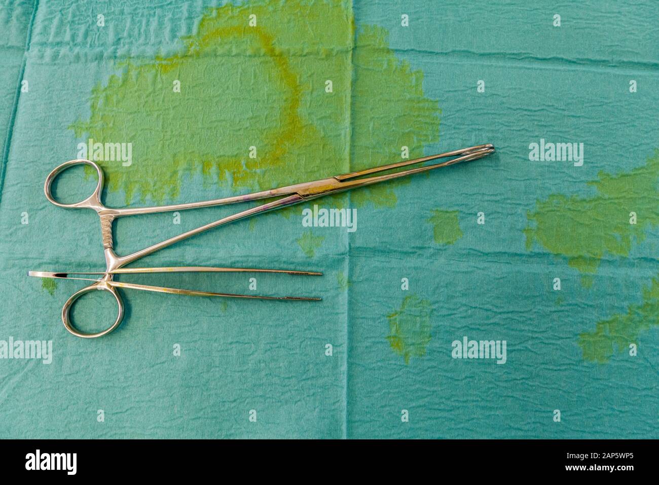 Surgical hemostats and tweezers. Heart valve replacement surgery, operating room, Reykjavik, Iceland Stock Photo