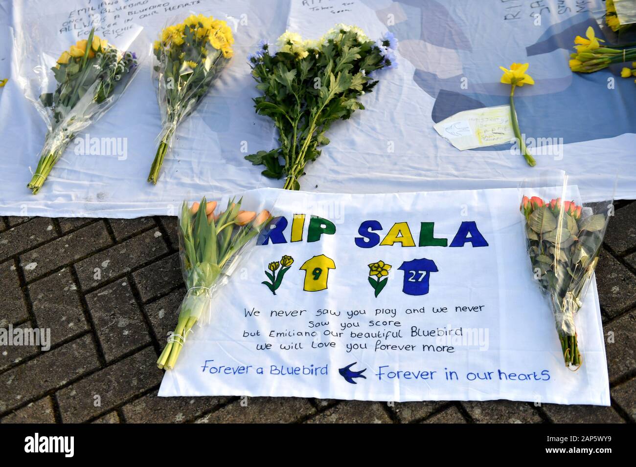 A tribute to Emiliano Sala at the Cardiff City Stadium, Cardiff. Stock Photo
