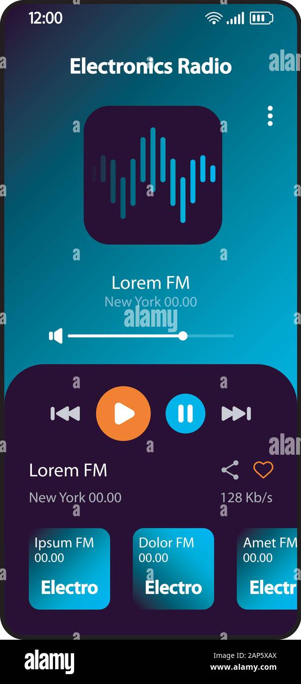 Electronic music radio smartphone interface vector template. Mobile