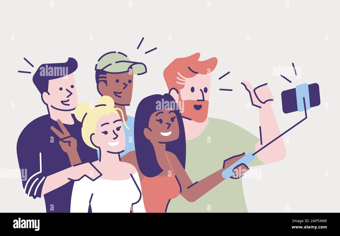 Selfie flat vector illustration. Happy people making selfie stick picture  together. Capturing bright moment. Group of friends taking self photo with  p Stock Vector Image & Art - Alamy