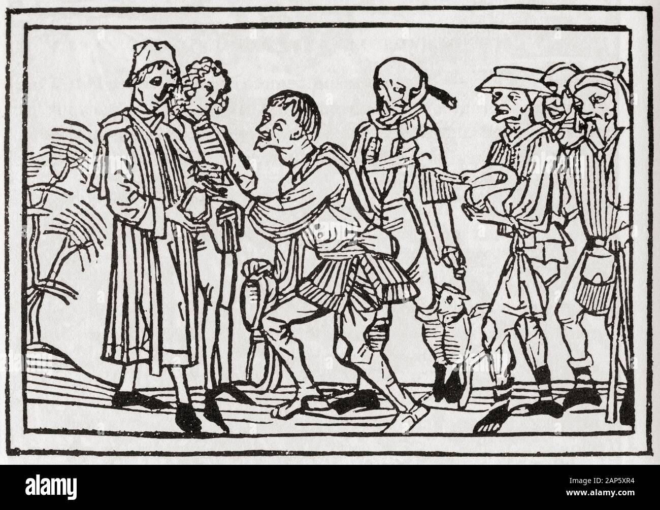 Villagers in the 16th century paying their annual tithes in money or kind to the parish priest.  These dues caused a bitter conflict between clergy and laity. Stock Photo