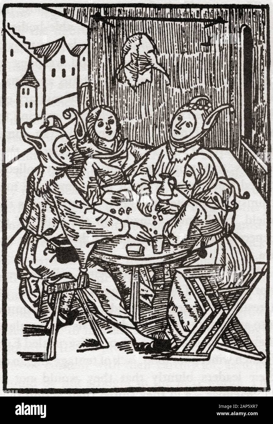 A 16th century gambling school.  Professional card sharks with marked packs and loaded dice took advantage of simple people, this was only one of many criminal activities into which people were forced by unemployment. Stock Photo
