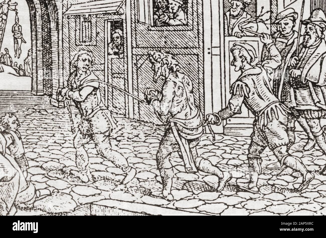 In 16th century England professional card sharks with marked packs and loaded dice took advantage of simple people, this was only one of many criminal activities into which people were forced by unemployment.  Seen here one such criminal having been caught is being taken for punishment which was public and severe. Stock Photo